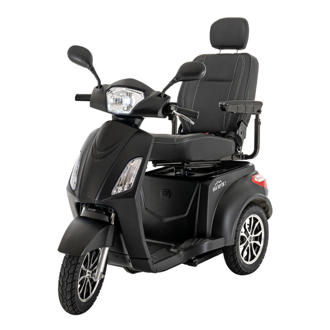The Pride Baja® Raptor® 2 Bariatric 3-Wheel Scooter is a black mobility scooter with advanced shock absorption, cushioned seat, backrest, armrests, side mirrors, front and rear lights, and alloy wheels for comfortable outdoor travel.